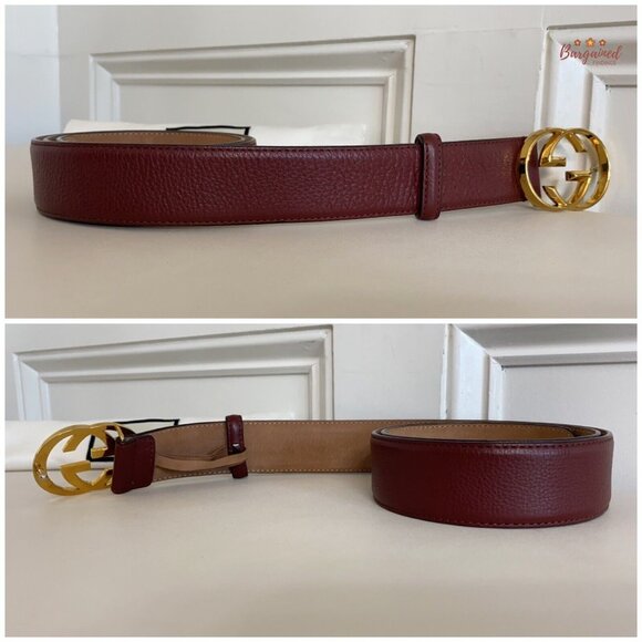 Authentic Gucci Red Pebbled Leather Gold Interlocking G Buckle Belt 95/38 - Picture 10 of 13